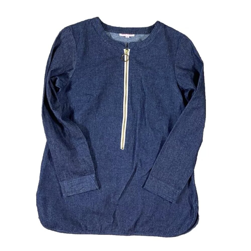 Kayce Hughes Denim Zip Tunic Size 8 Blue Jean Top Shirt 3/4 Sleeve Cotton